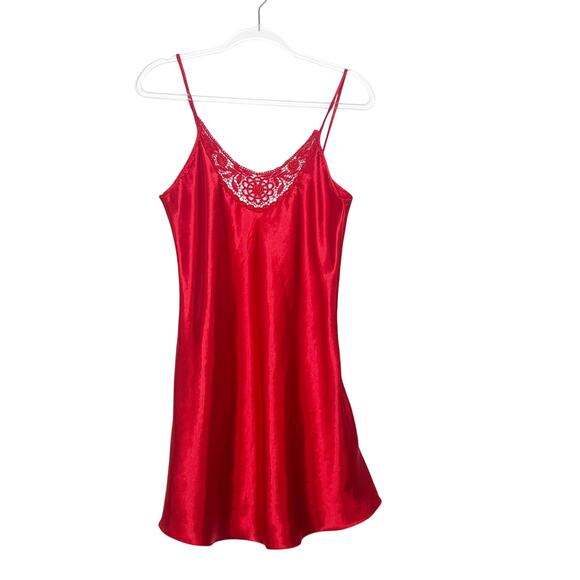 Satin Silk Lingerie Night Dress Lace Trim Sleeveless Babydoll Red Womens Size S - Picture 5 of 5